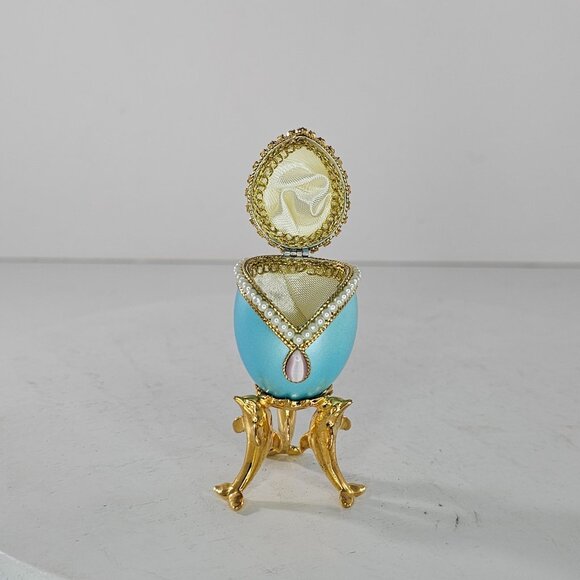 Kingspoint Designs Quail Egg Trinket Hinged Box Gold Colored Dolphin Legs - Picture 5 of 9